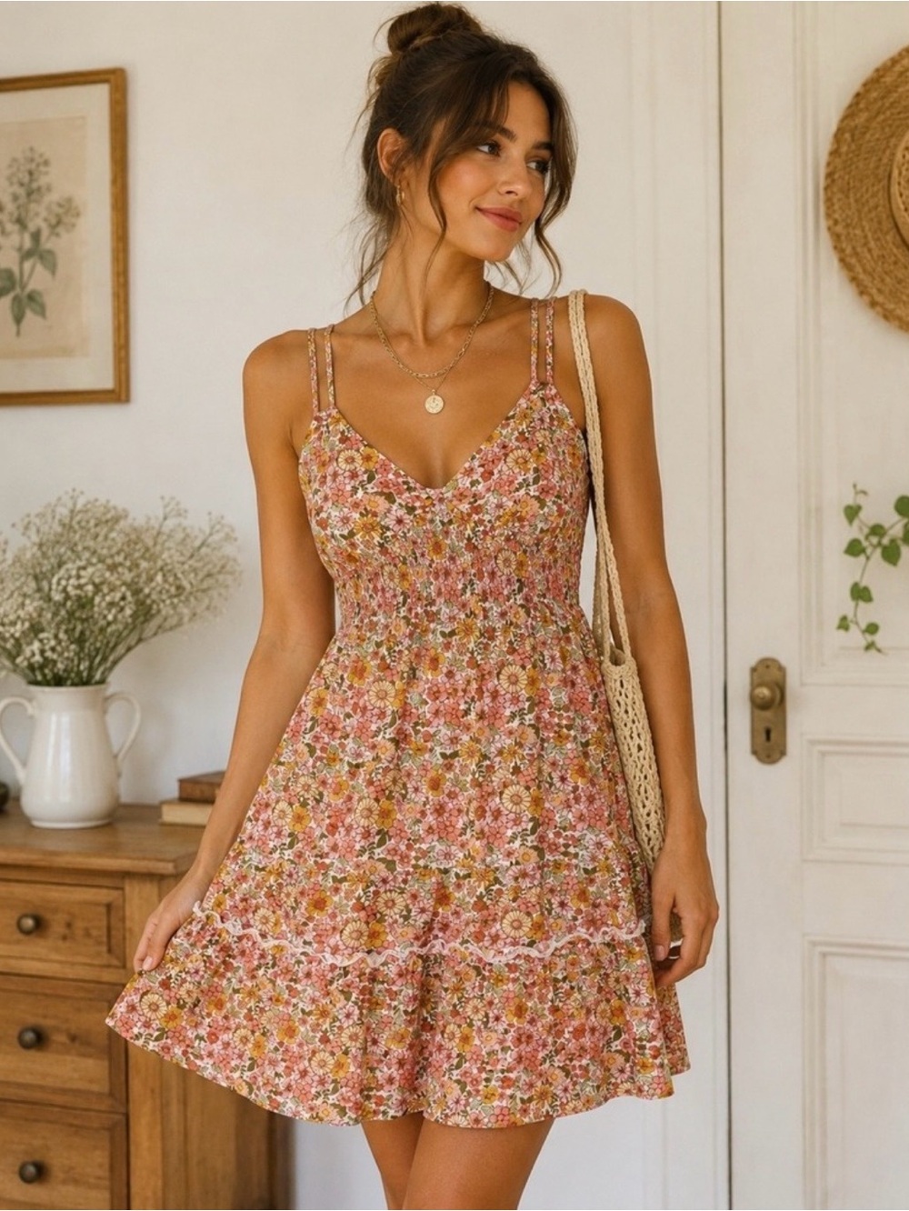 Wild Fable Floral Sundress Cottagecore Mini Dress Smocked Back XL Pink & Mustard